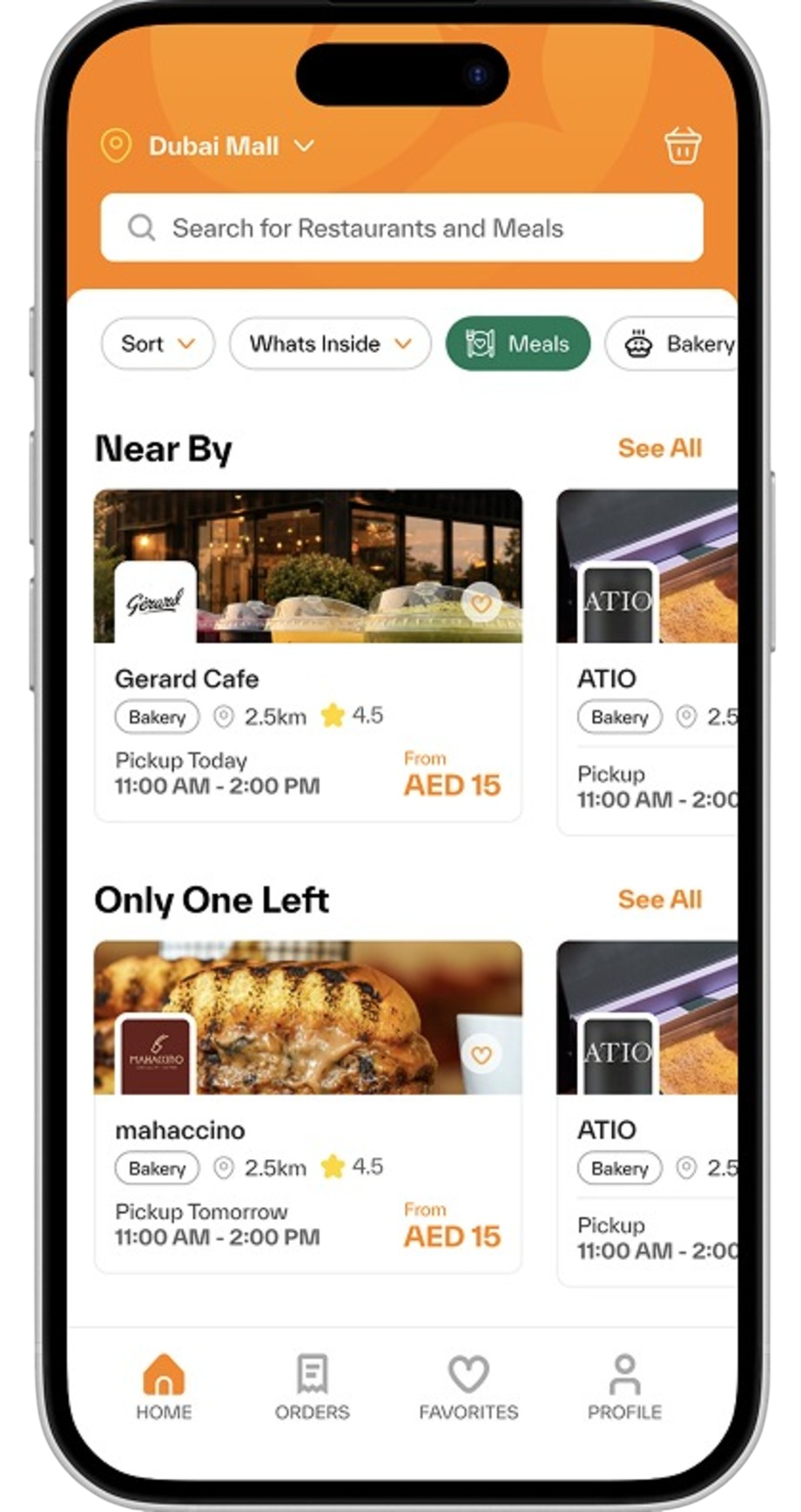 The Sahla app showing Surprize Boxes from nearby bakeries and cafés